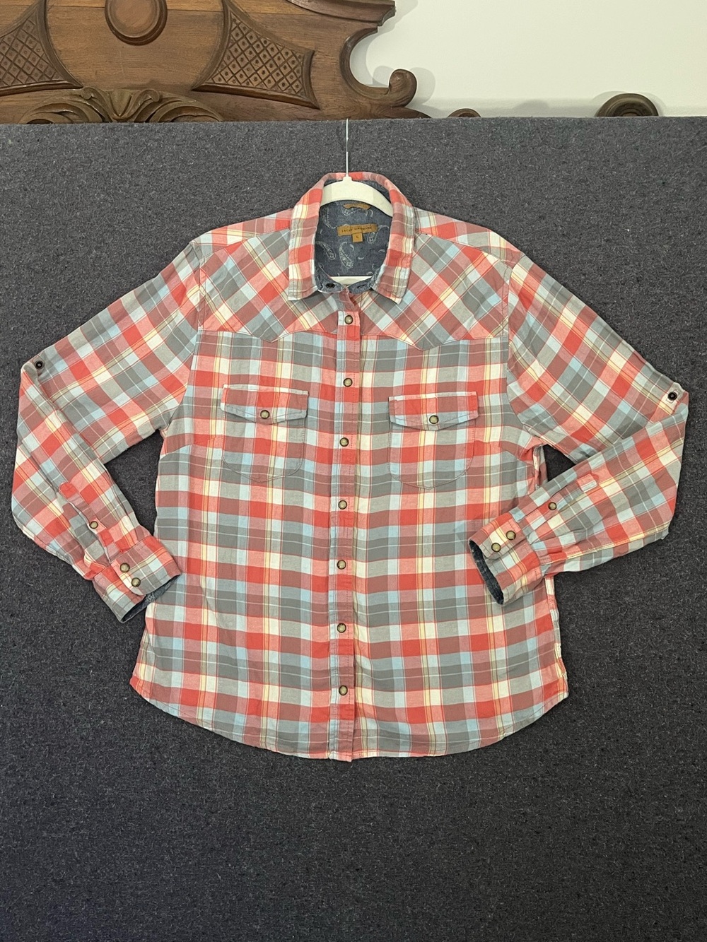 JACHS Girlfriend Coral and Light Blue Plaid Casual Button-Down